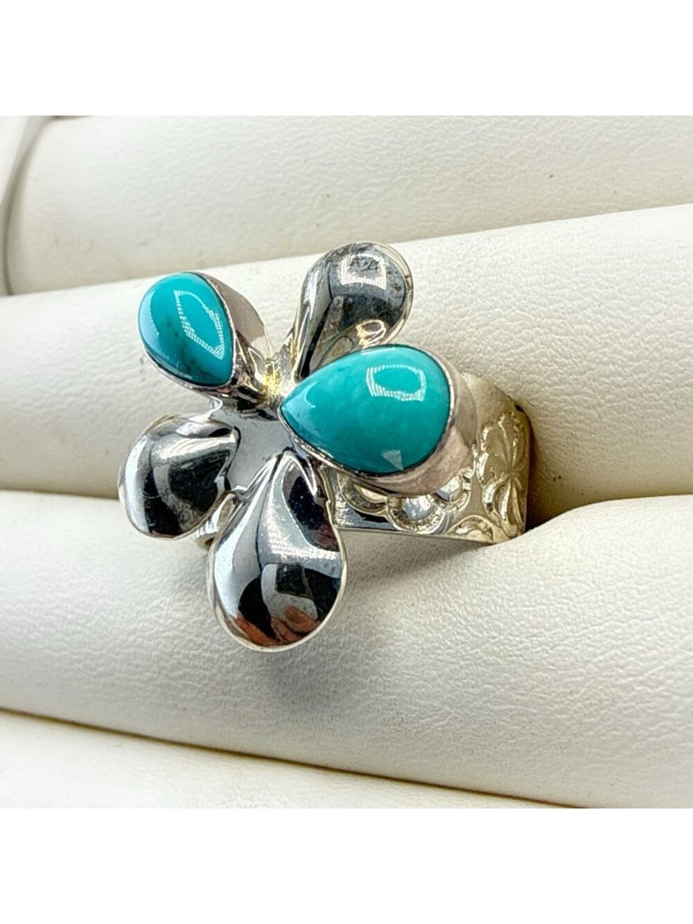 Jay King Ring Turquoise Flower Blue Floral Sterling Silver 925 sz 8.5 Wide Band